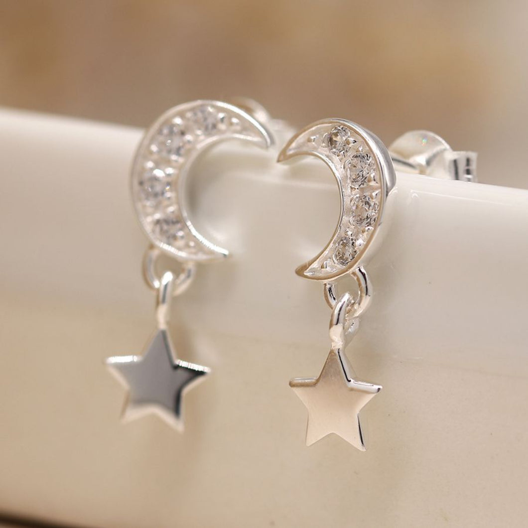 Sterling Silver Moon and Star Drop Earrings