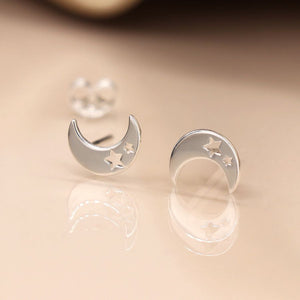 Sterling Silver Moon Stud Earrings with Star Cut-outs