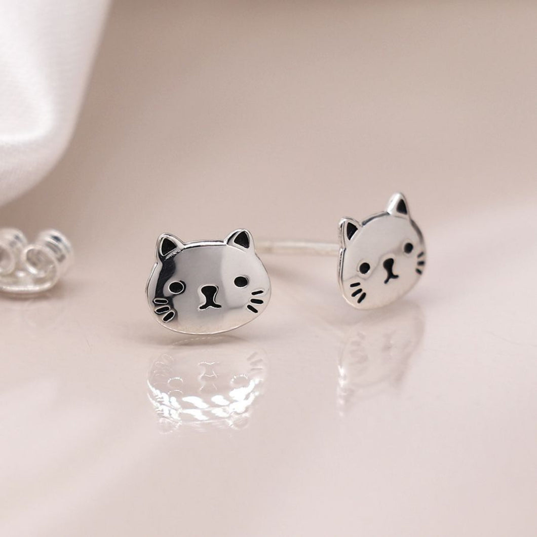 Sterling Silver Cat Face Stud Earrings