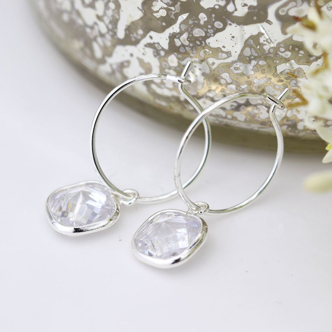 Silver Hoops with Square CZ Crystal Drops
