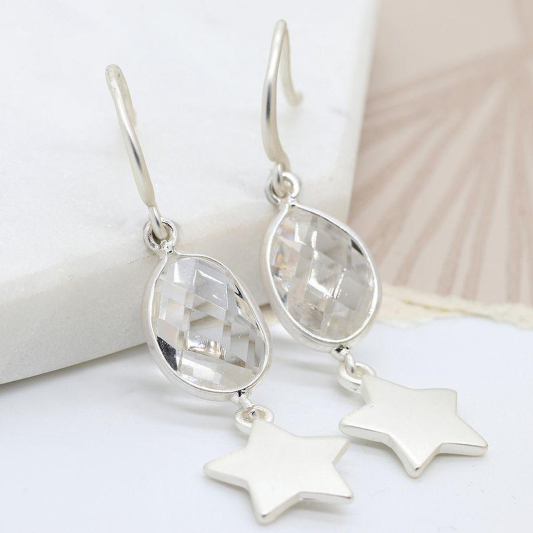 Silver Star Crystal Drop Earrings