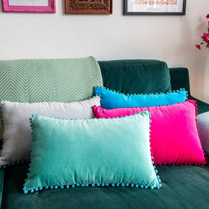 Grey Velvet Pom Pom Cushion