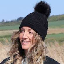 Load image into Gallery viewer, Black Lined Wool Mix Bobble Hat
