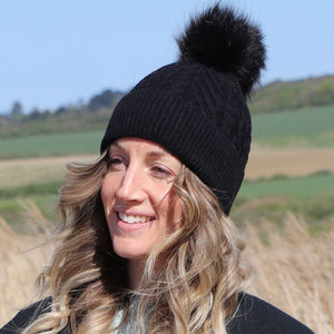 Black Lined Wool Mix Bobble Hat