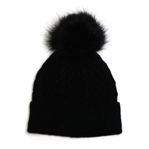 Black Lined Wool Mix Bobble Hat