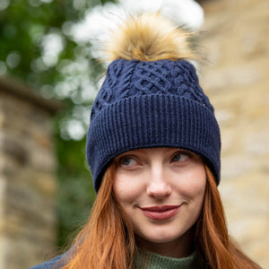 Navy Lined Wool Mix Bobble Hat