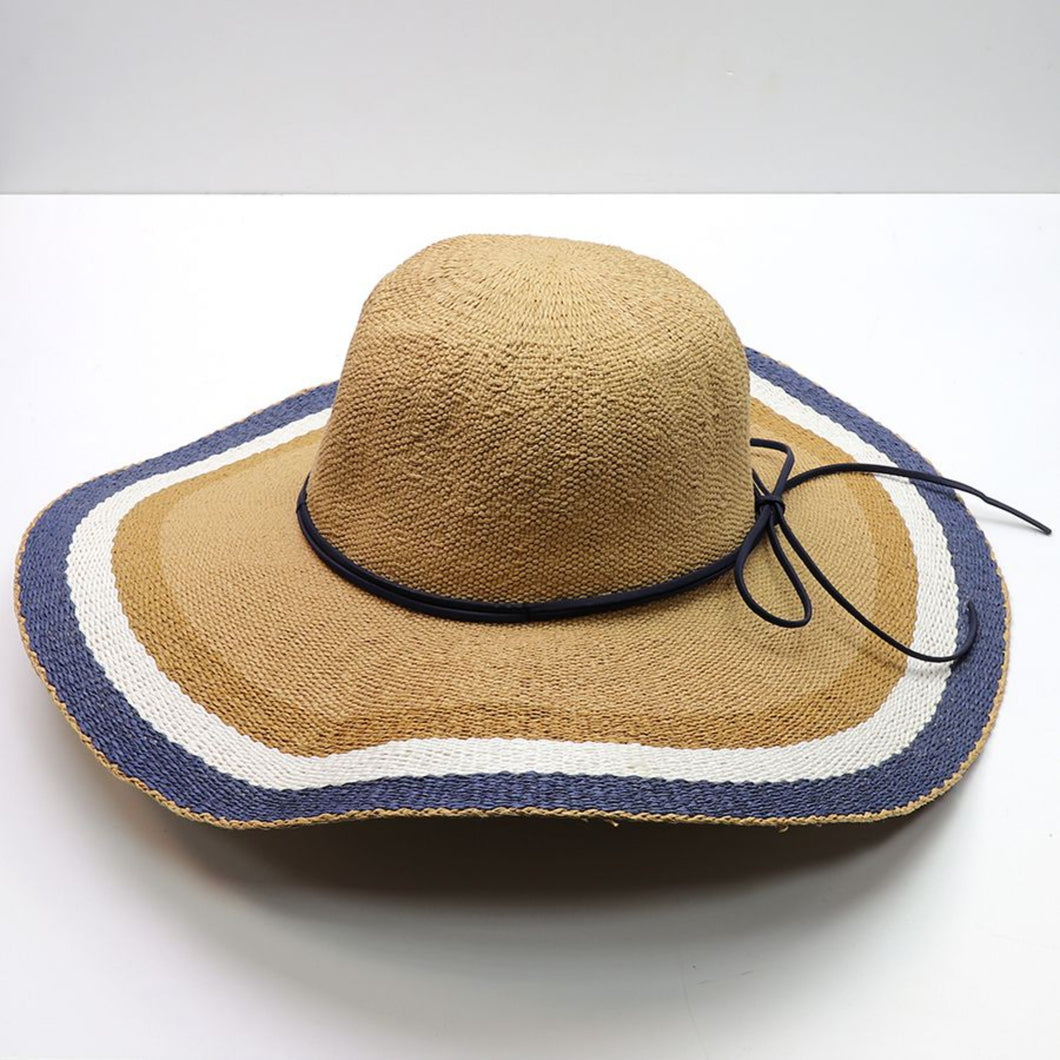 Wide Brimmed Straw Hat with Navy/White Stripes