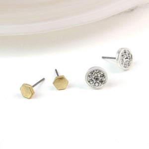 Gold Hexagon Crystal Disc Stud Earring Set