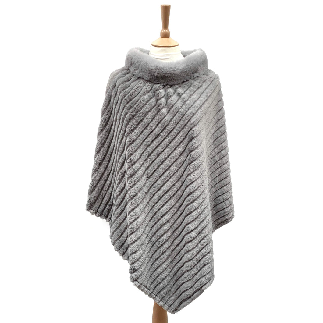 Faux Fur Poncho with Collar - Grey