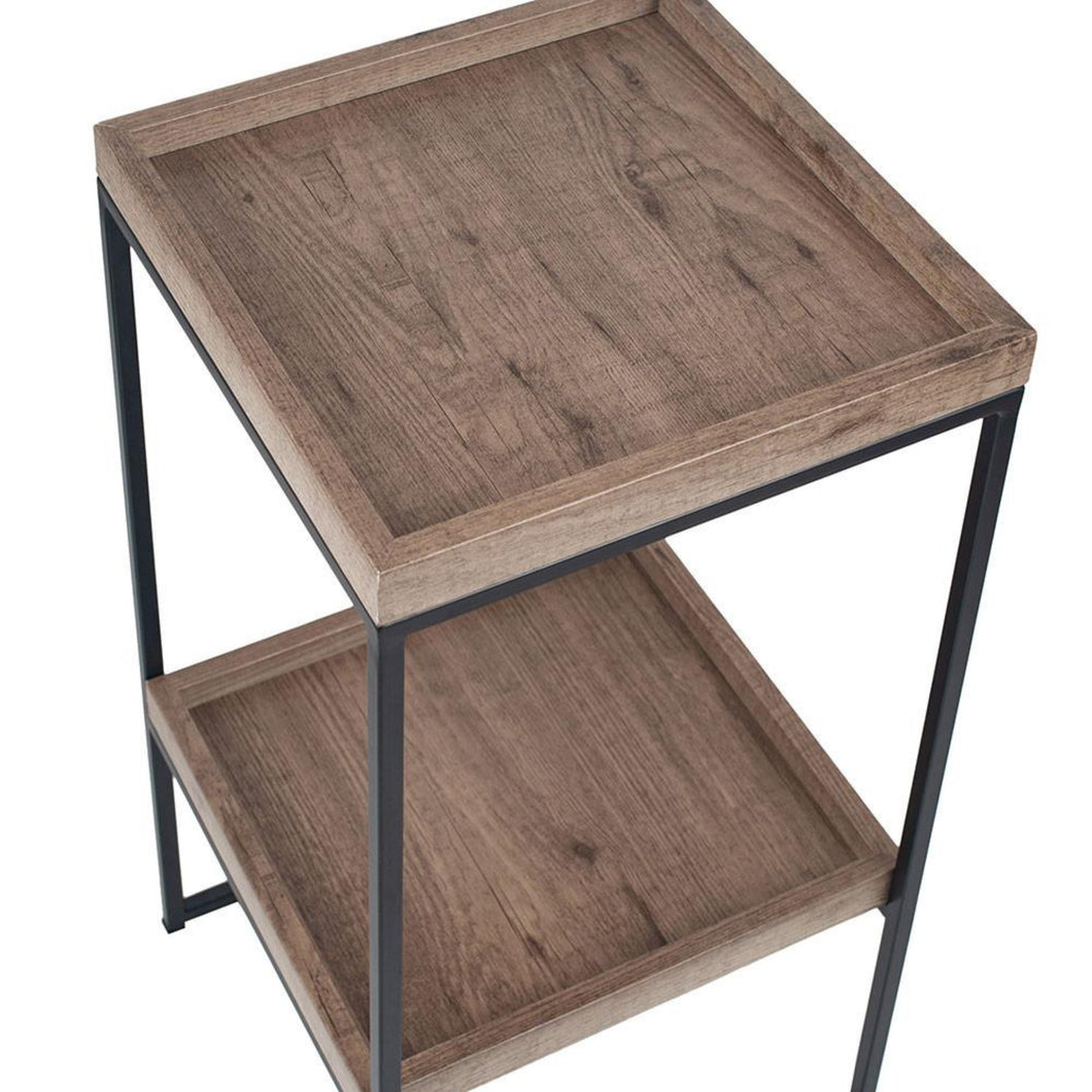 Natural Wood and Black Metal Side Table