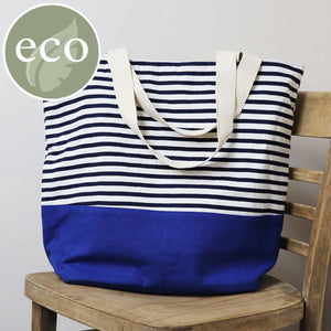 Navy Striped Cotton Beach Bag with Bright Blue Base