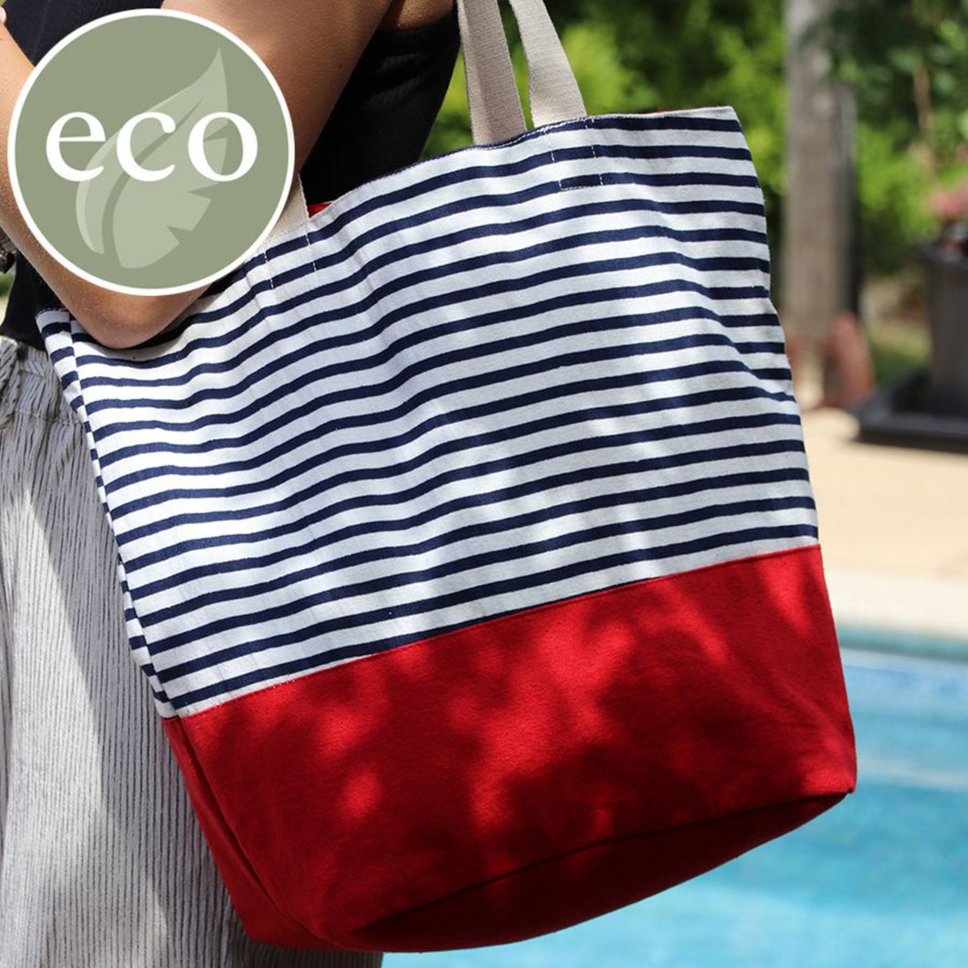 Navy Striped Cotton Beach Bag with Deep Red Base