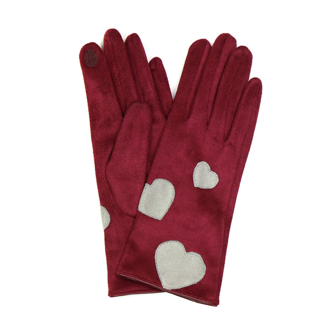 Wine Red Faux Suede Grey Heart Gloves