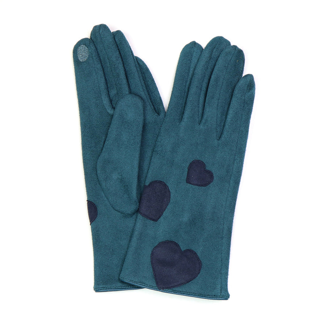 Teal Faux Suede Navy Hearts Gloves