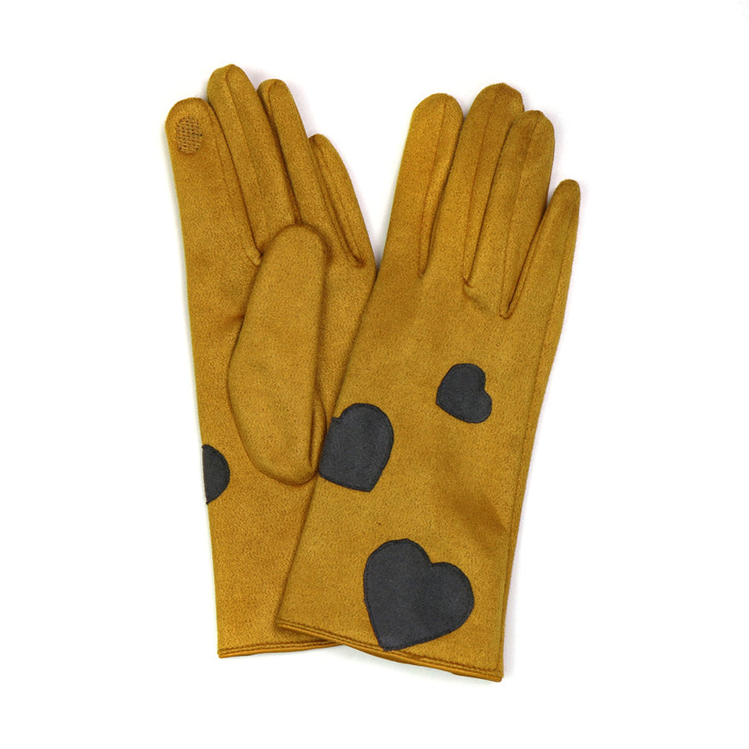 Mustard Faux Suede Navy Hearts Gloves