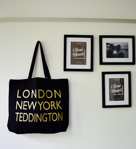 London, New York, Teddington Black & Gold Tote Bag