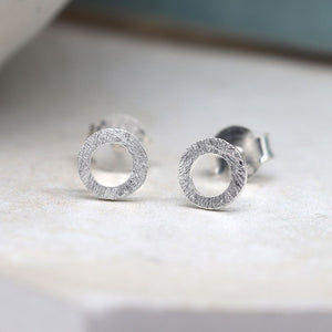 Tiny Silver Scratched Circle Stud Earrings