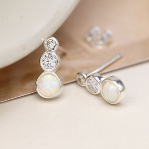 White Opal & Crystal Silver Stud Earrings