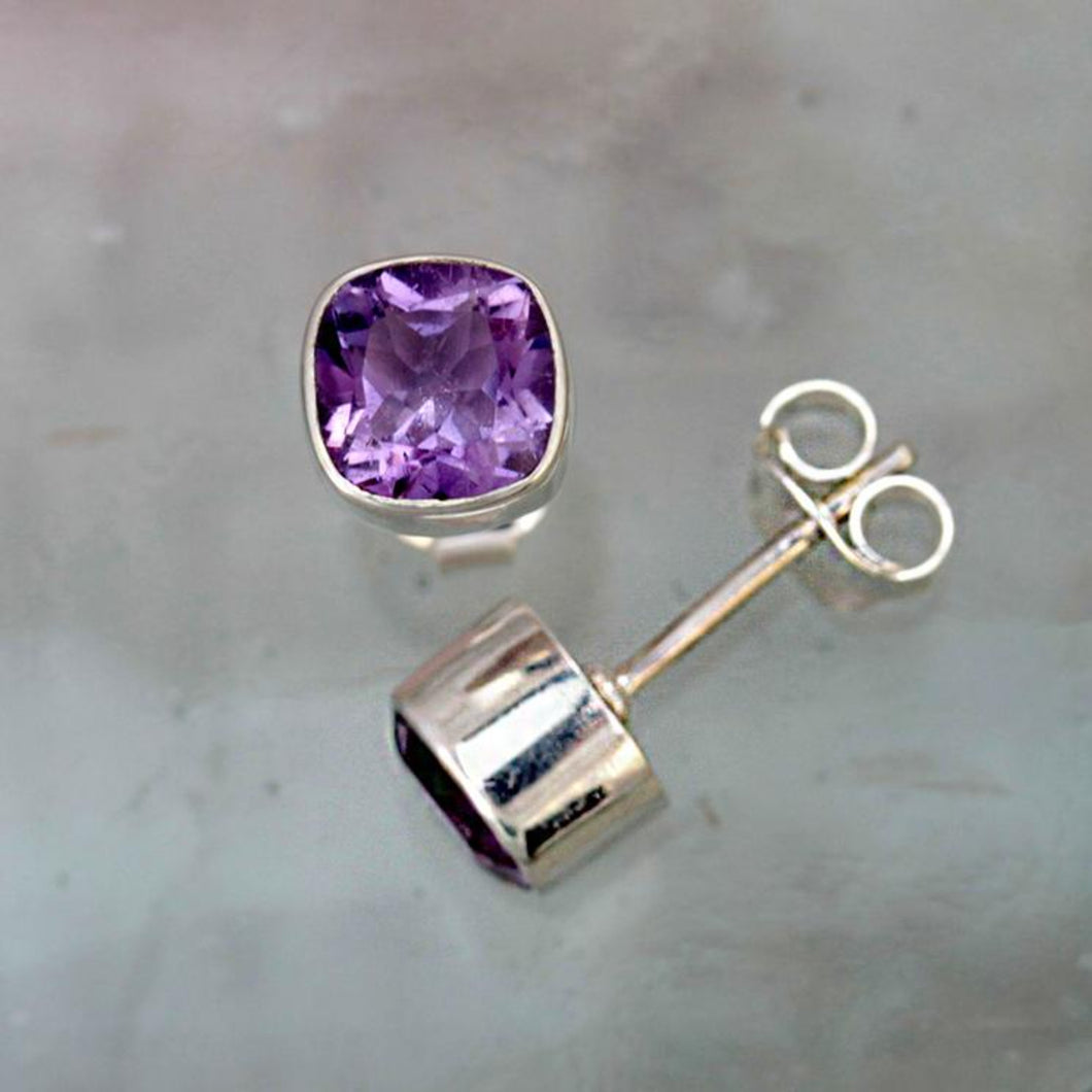 Amethyst and Silver Squared Stud Earrings