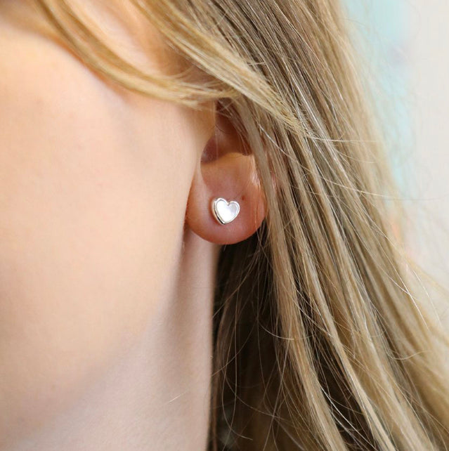 Silver Pearl Heart Stud Earrings