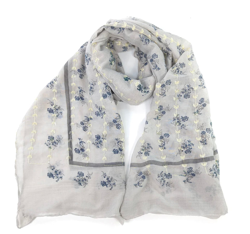 Grey Flower Embroidery Scarf