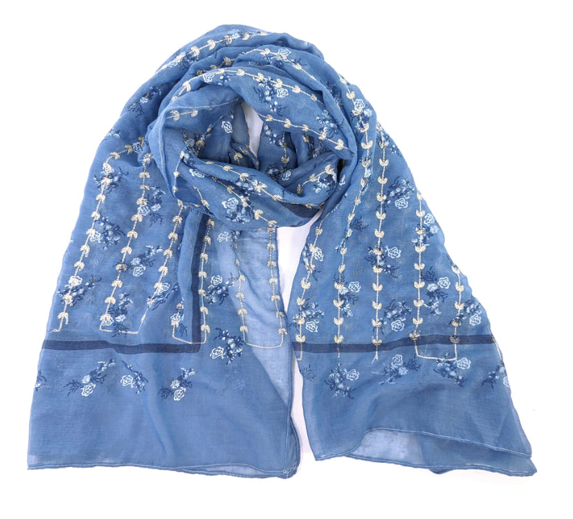 Blue Flower Embroidery Scarf