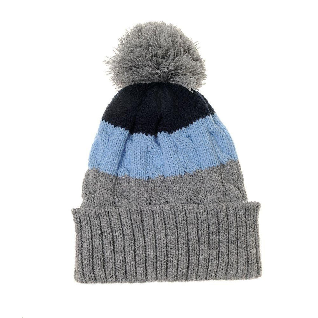 Toddlers Blue Grey Cable Knit Bobble Hat